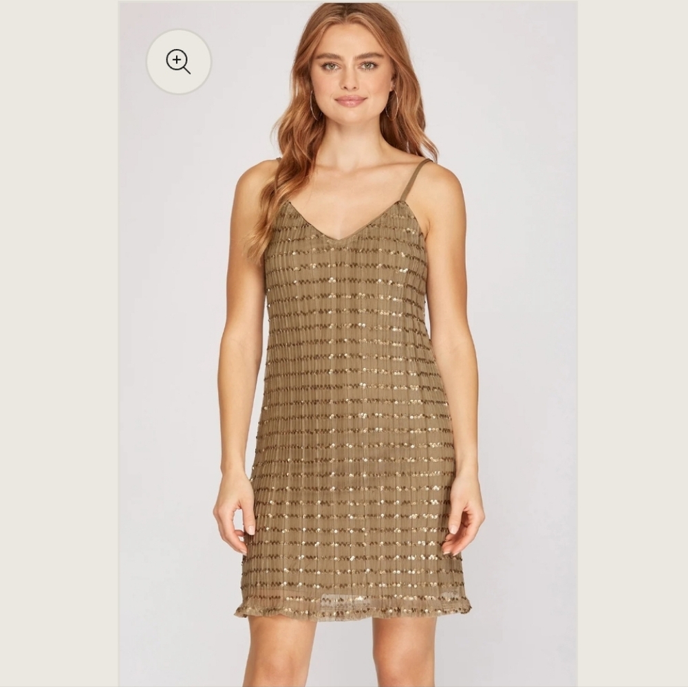 She + Sky Gold/Bronze Sequin Sphagetti Strap Dress